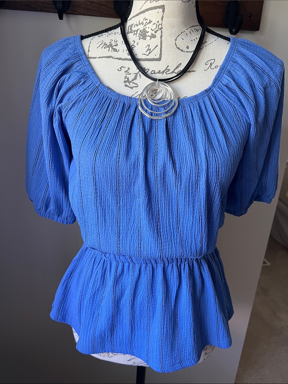 Nine West Blue Women's Peplum Blouse with Scoop Neck